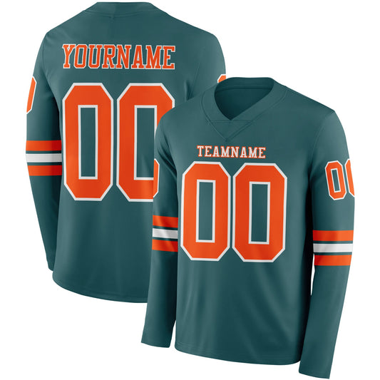 Custom Midnight Green Orange-White Long Sleeve Authentic Football Jersey - Main View