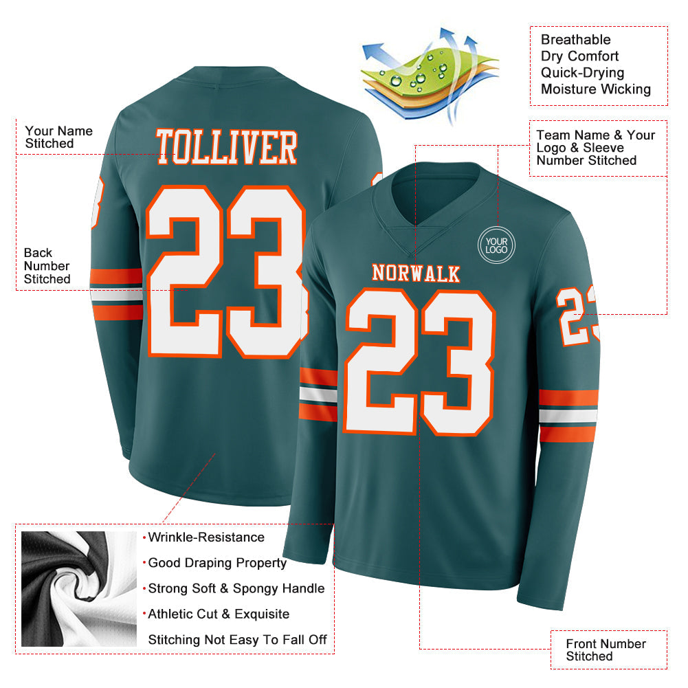 Custom Midnight Green White-Orange Long Sleeve Authentic Football Jersey view 2