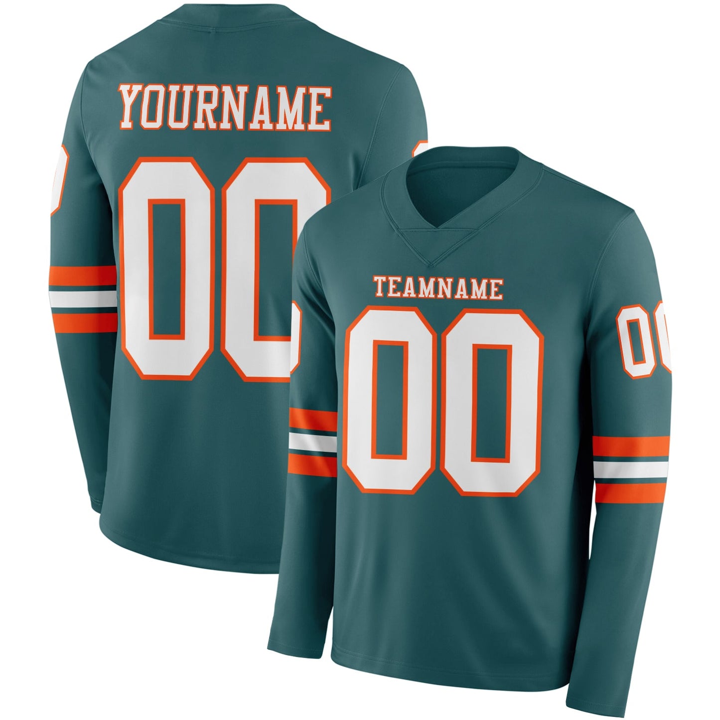 Custom Midnight Green White-Orange Long Sleeve Authentic Football Jersey - Main View
