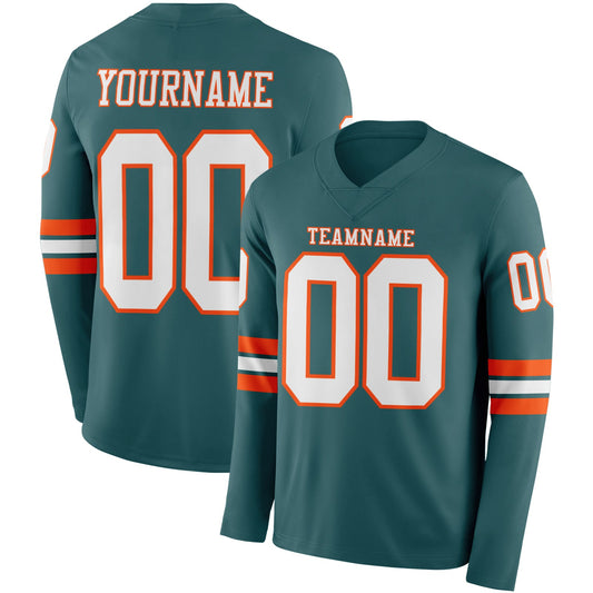 Custom Midnight Green White-Orange Long Sleeve Authentic Football Jersey - Main View