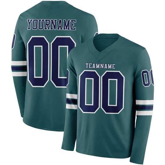 Custom Midnight Green Navy-White Long Sleeve Authentic Football Jersey - Main View