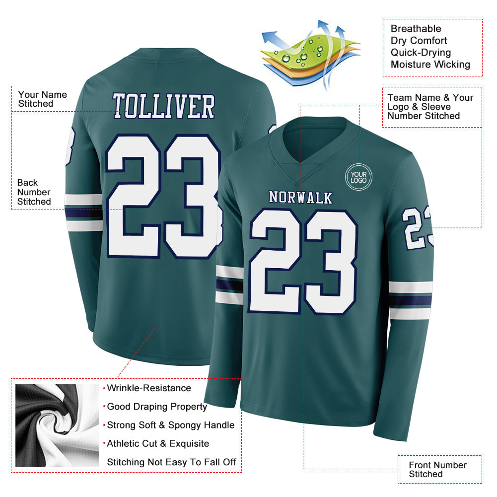 Custom Midnight Green White-Navy-White Long Sleeve Authentic Football Jersey view 2
