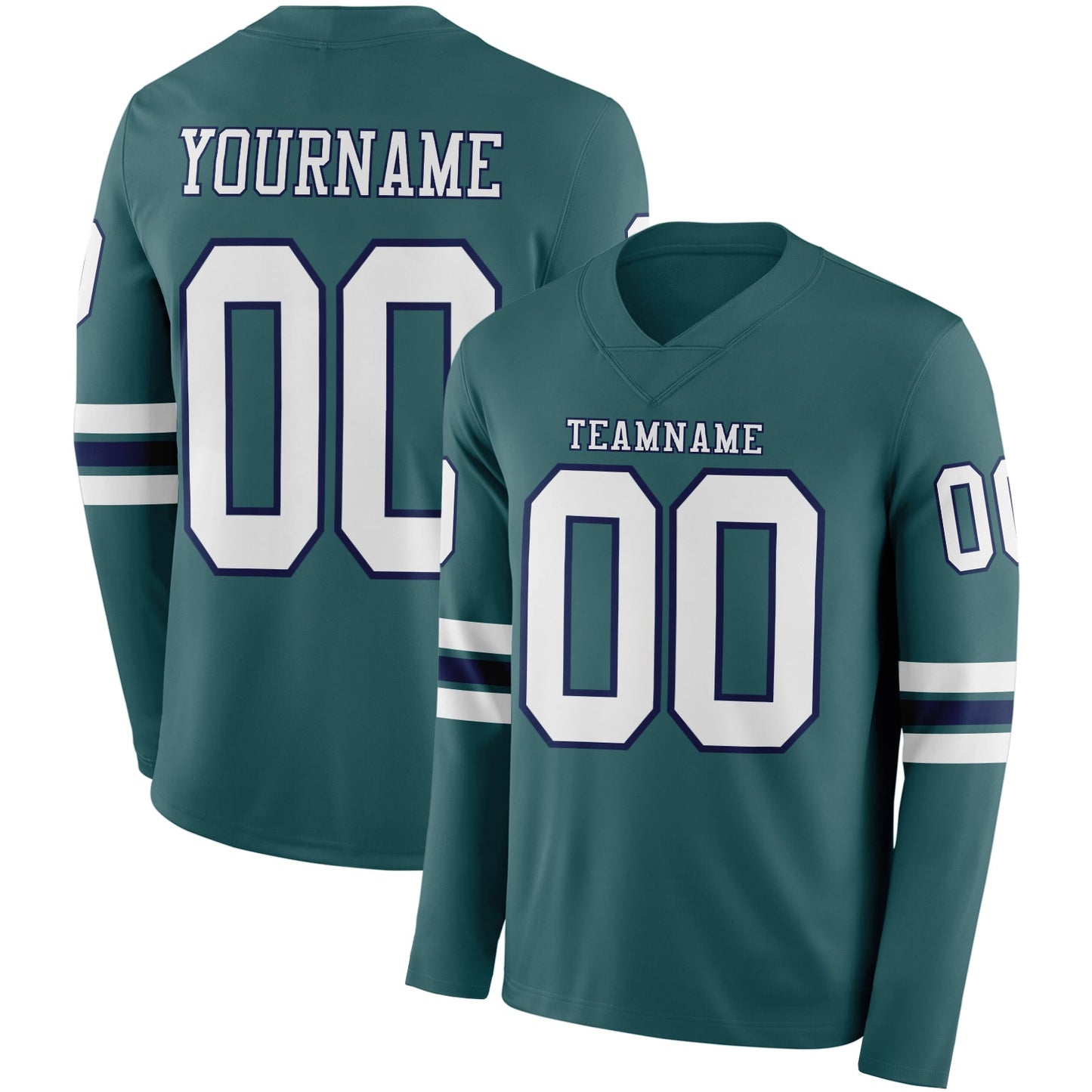 Custom Midnight Green White-Navy-White Long Sleeve Authentic Football Jersey - Main View
