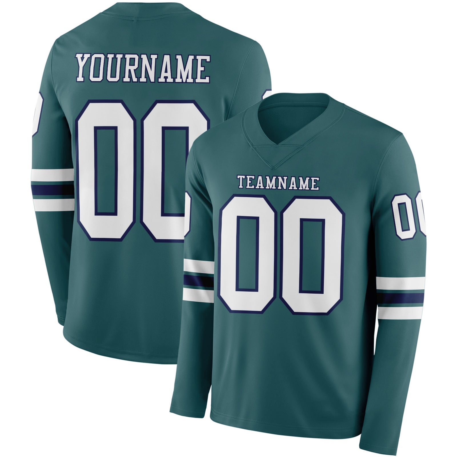 Custom Midnight Green White-Navy-White Long Sleeve Authentic Football Jersey - Main View