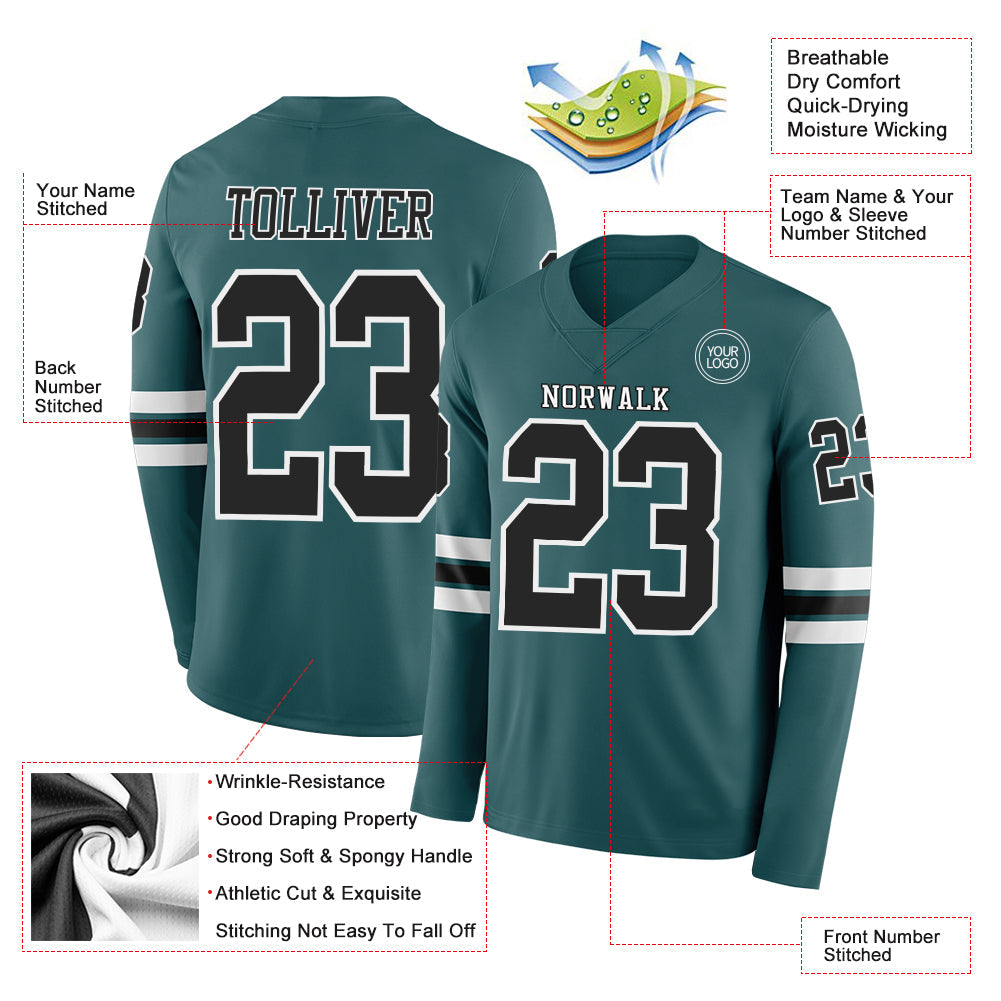 Custom Midnight Green Black-White Long Sleeve Authentic Football Jersey view 2