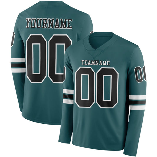 Custom Midnight Green Black-White Long Sleeve Authentic Football Jersey - Main View