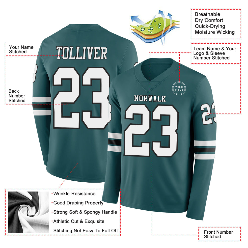 Custom Midnight Green White-Black Long Sleeve Authentic Football Jersey view 2