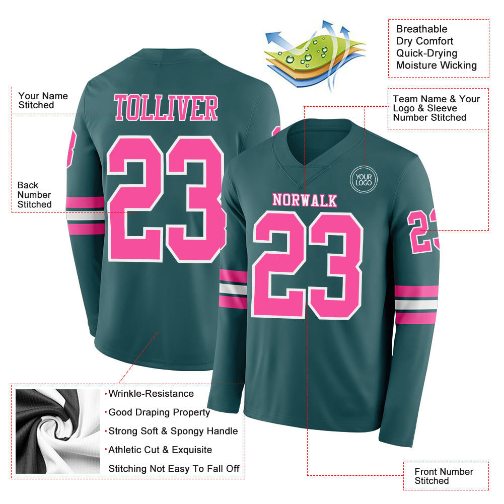 Custom Midnight Green Pink-White Long Sleeve Authentic Football Jersey view 2