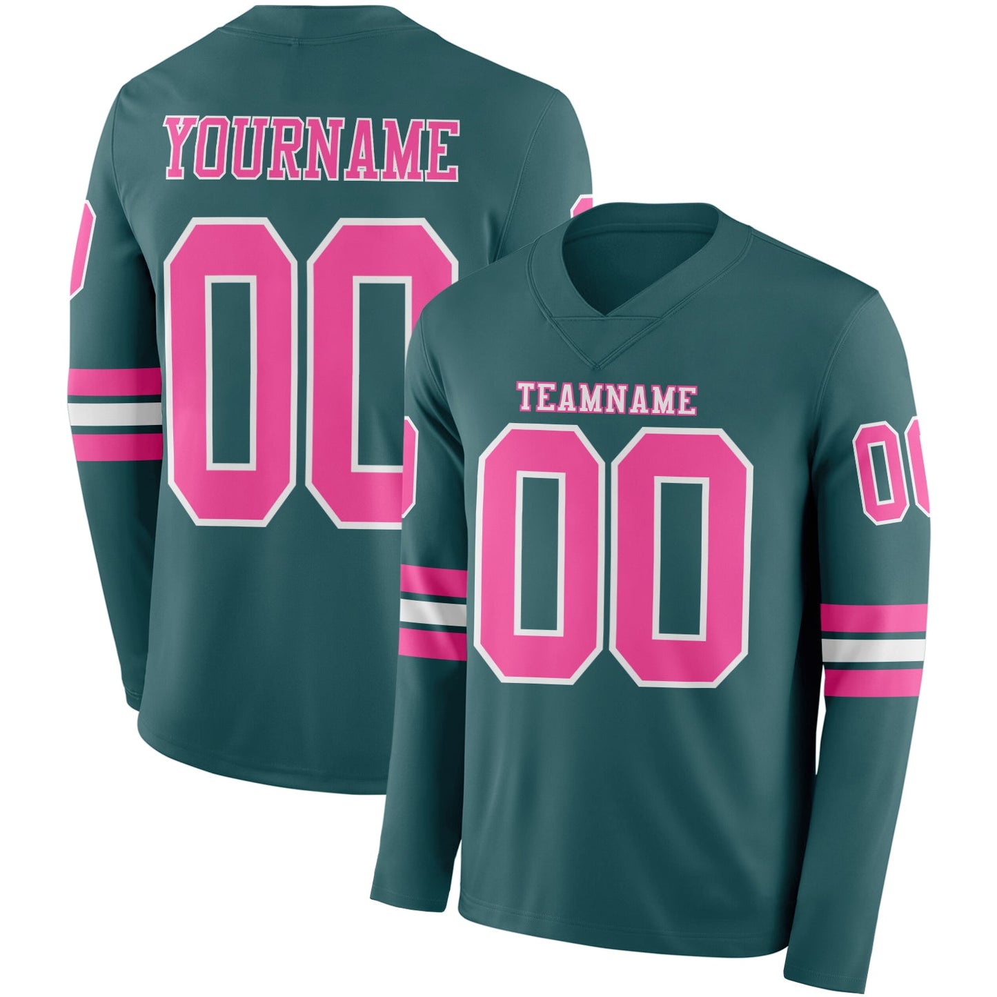 Custom Midnight Green Pink-White Long Sleeve Authentic Football Jersey - Main View