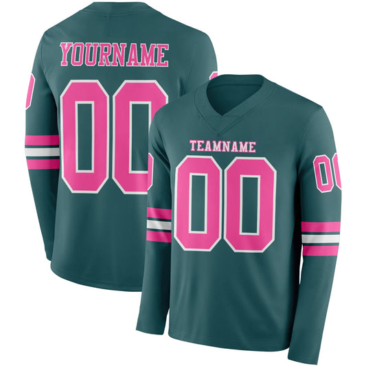 Custom Midnight Green Pink-White Long Sleeve Authentic Football Jersey - Main View
