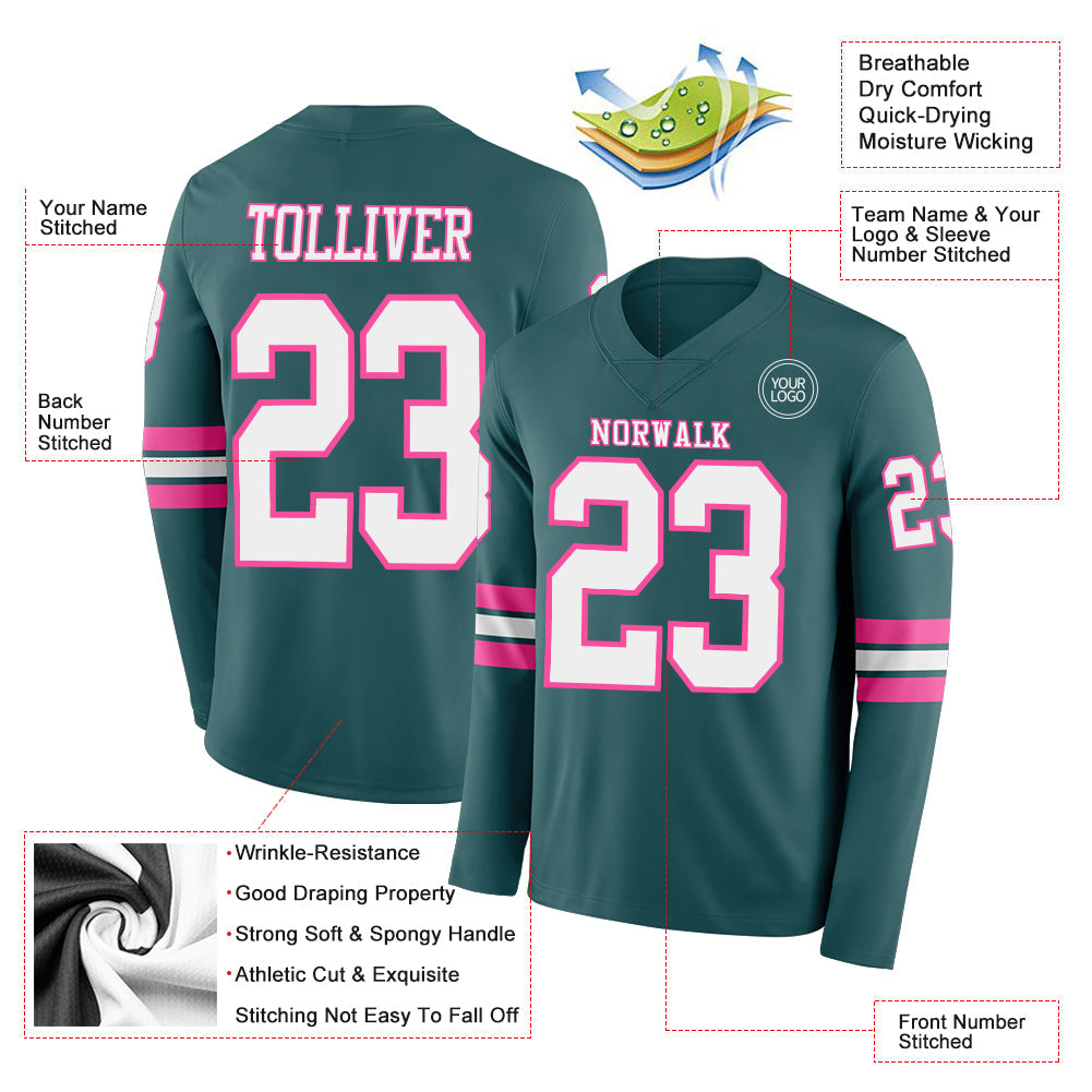 Custom Midnight Green White-Pink Long Sleeve Authentic Football Jersey view 2
