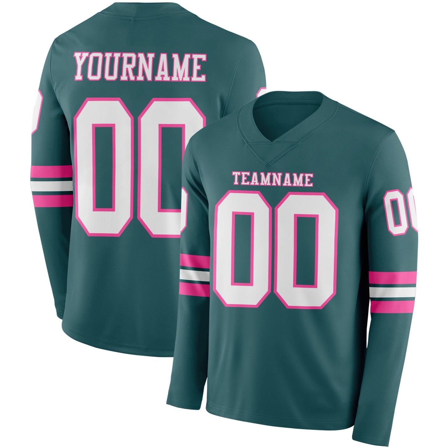 Custom Midnight Green White-Pink Long Sleeve Authentic Football Jersey - Main View