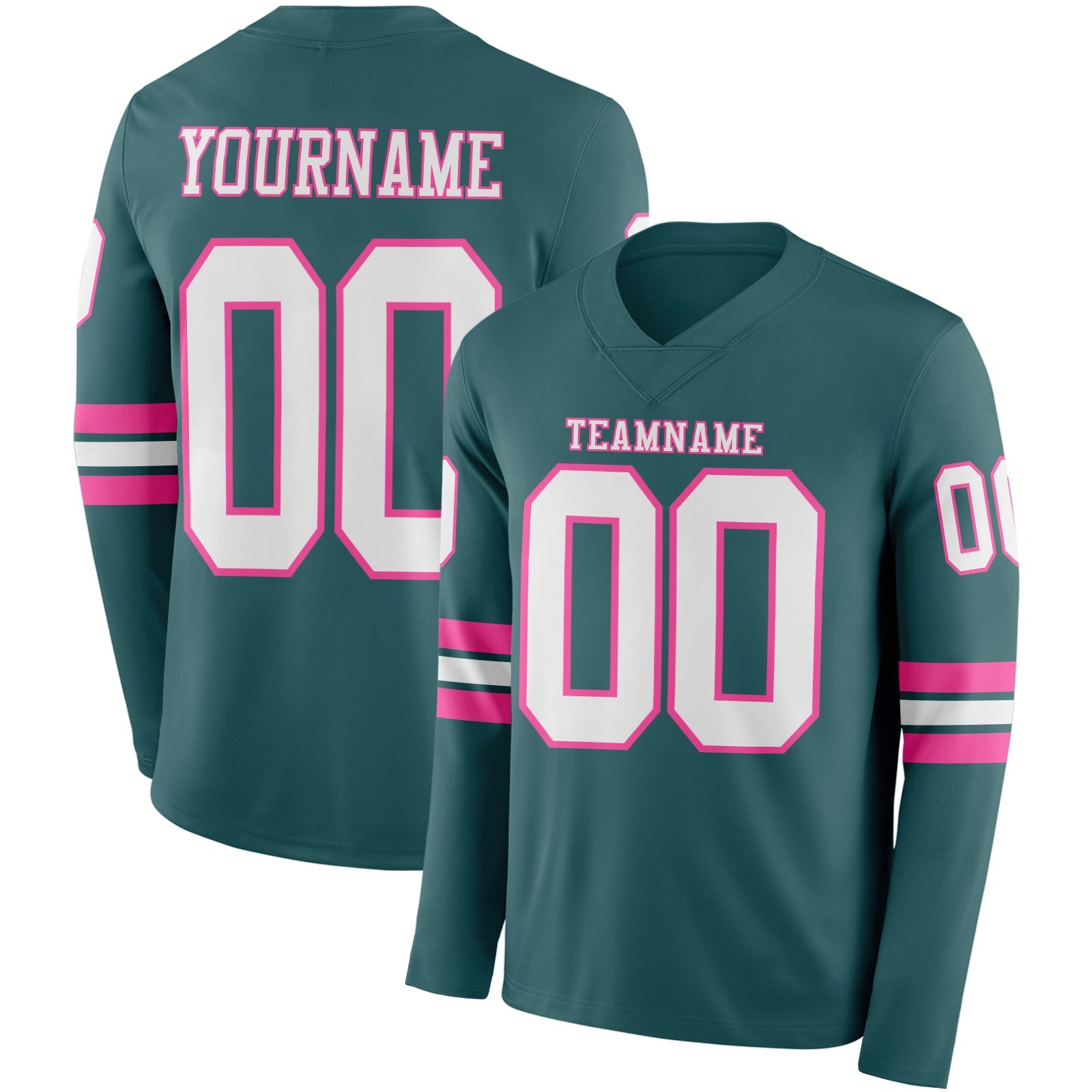 Custom Midnight Green White-Pink Long Sleeve Authentic Football Jersey - Main View