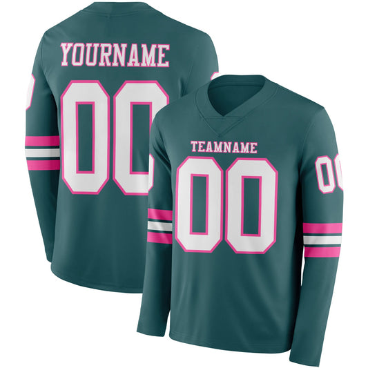 Custom Midnight Green White-Pink Long Sleeve Authentic Football Jersey - Main View