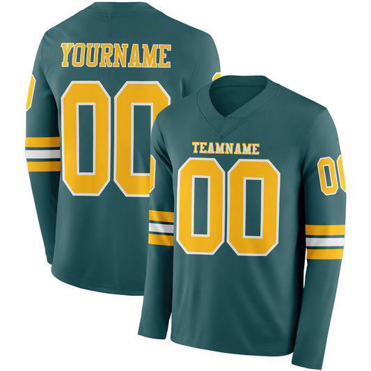 Custom Midnight Green Gold-White Long Sleeve Authentic Football Jersey - Main View