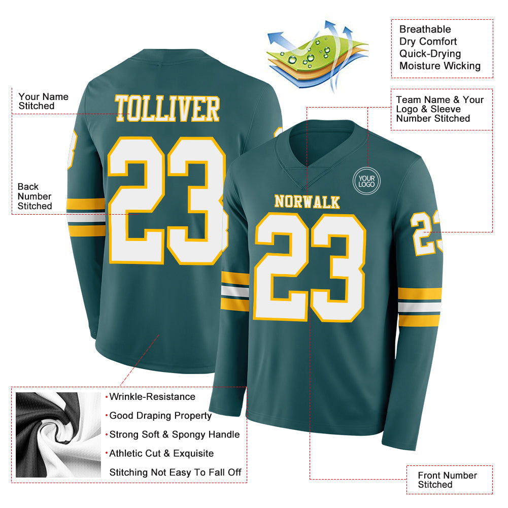 Custom Midnight Green White-Gold Long Sleeve Authentic Football Jersey view 2