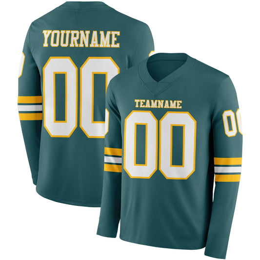 Custom Midnight Green White-Gold Long Sleeve Authentic Football Jersey - Main View