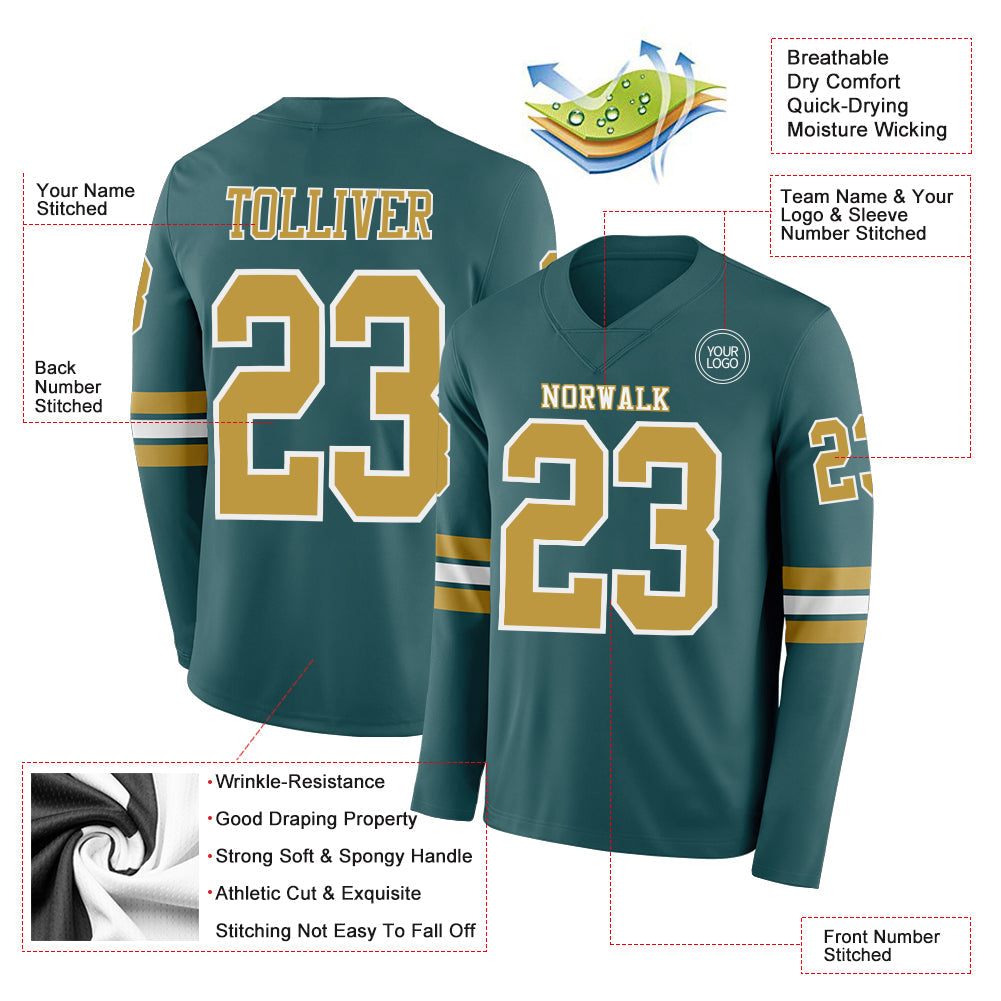 Custom Midnight Green Old Gold-White Long Sleeve Authentic Football Jersey view 2