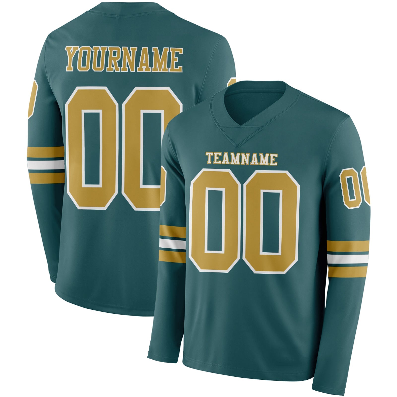 Custom Midnight Green Old Gold-White Long Sleeve Authentic Football Jersey - Main View