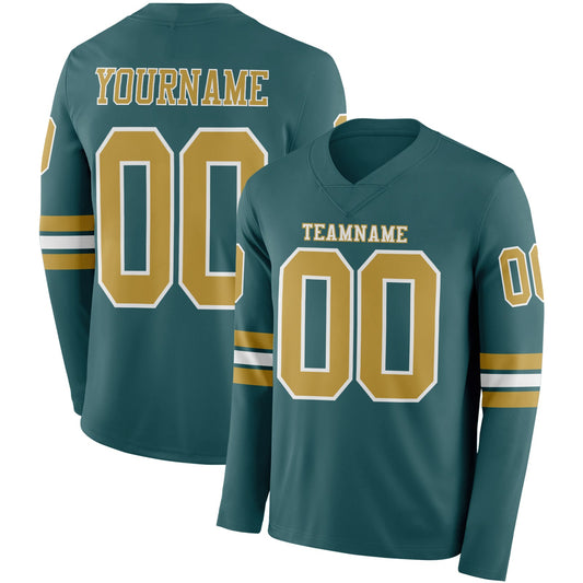 Custom Midnight Green Old Gold-White Long Sleeve Authentic Football Jersey - Main View