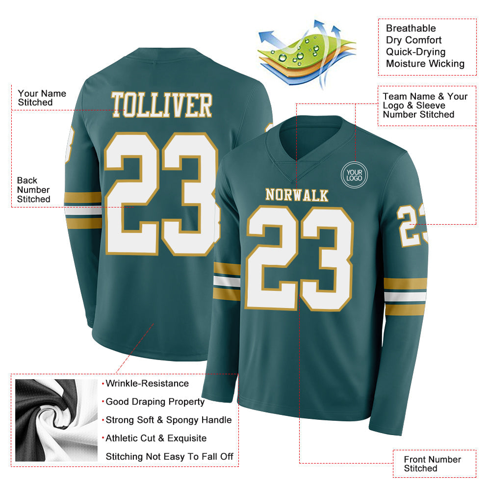 Custom Midnight Green White-Old Gold Long Sleeve Authentic Football Jersey view 2