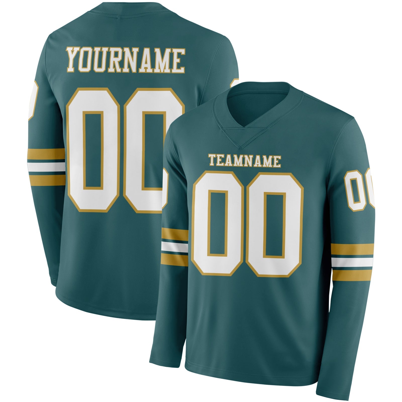 Custom Midnight Green White-Old Gold Long Sleeve Authentic Football Jersey - Main View