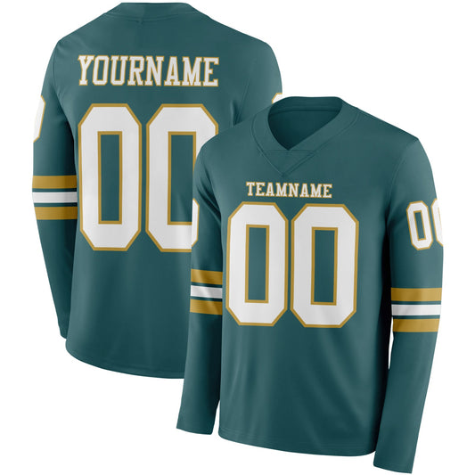 Custom Midnight Green White-Old Gold Long Sleeve Authentic Football Jersey - Main View