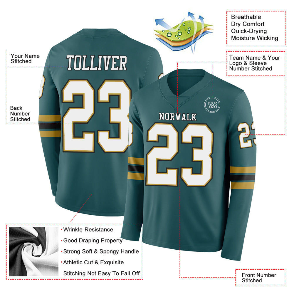 Custom Midnight Green White Old Gold-Black Long Sleeve Authentic Football Jersey view 2