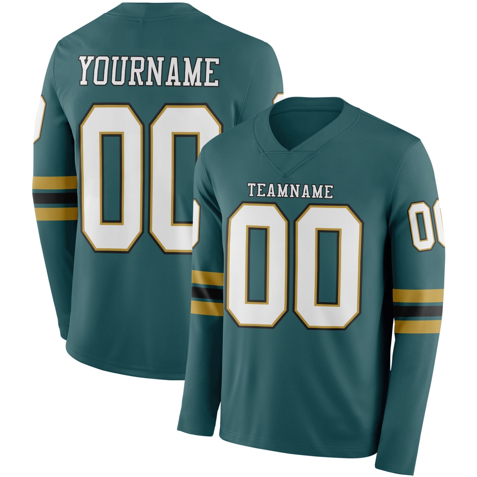 Custom Midnight Green White Old Gold-Black Long Sleeve Authentic Football Jersey - Main View