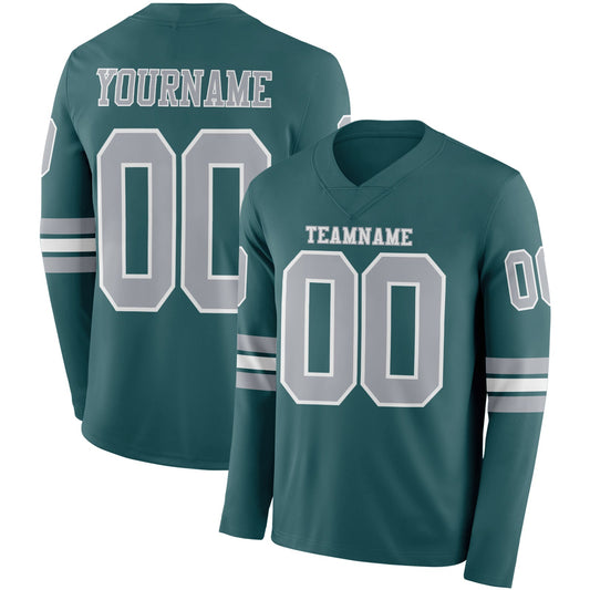 Custom Midnight Green Gray-White Long Sleeve Authentic Football Jersey - Main View
