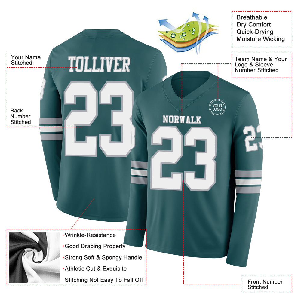 Custom Midnight Green White-Gray Long Sleeve Authentic Football Jersey view 2