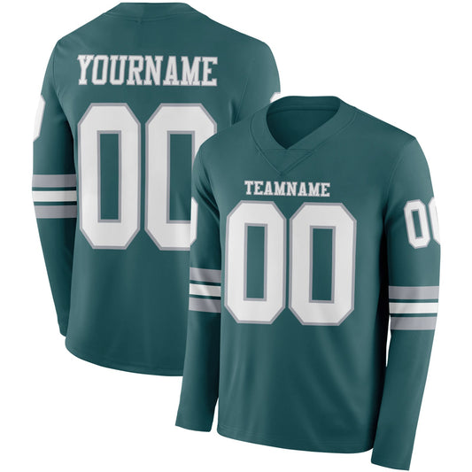 Custom Midnight Green White-Gray Long Sleeve Authentic Football Jersey - Main View