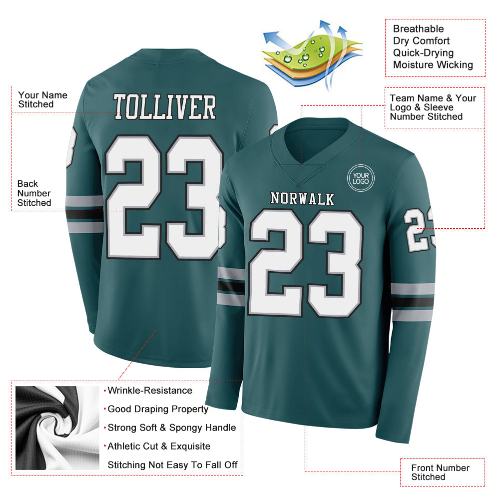 Custom Midnight Green White Gray-Black Long Sleeve Authentic Football Jersey view 2