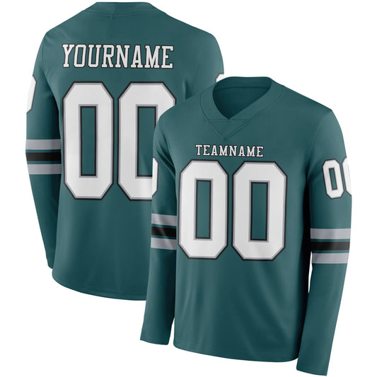 Custom Midnight Green White Gray-Black Long Sleeve Authentic Football Jersey - Main View