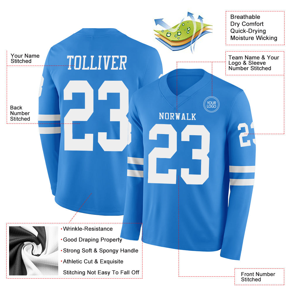 Custom Powder Blue White Long Sleeve Authentic Football Jersey view 2