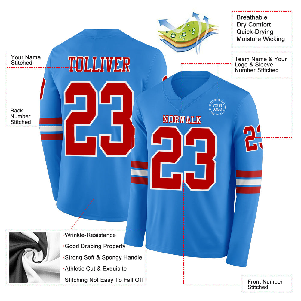 Custom Powder Blue Red-White Long Sleeve Authentic Football Jersey view 2