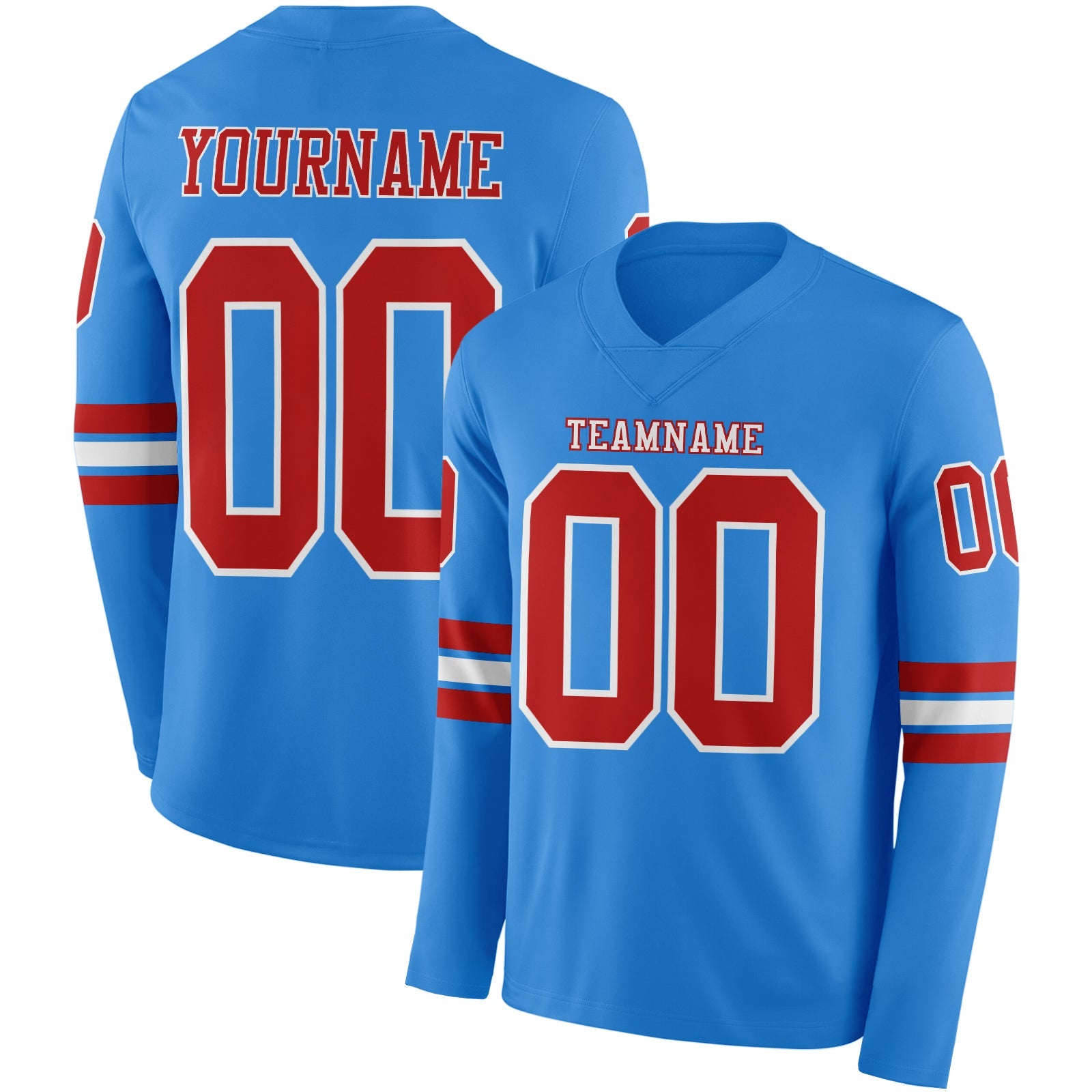 Custom Powder Blue Red-White Long Sleeve Authentic Football Jersey - Main View