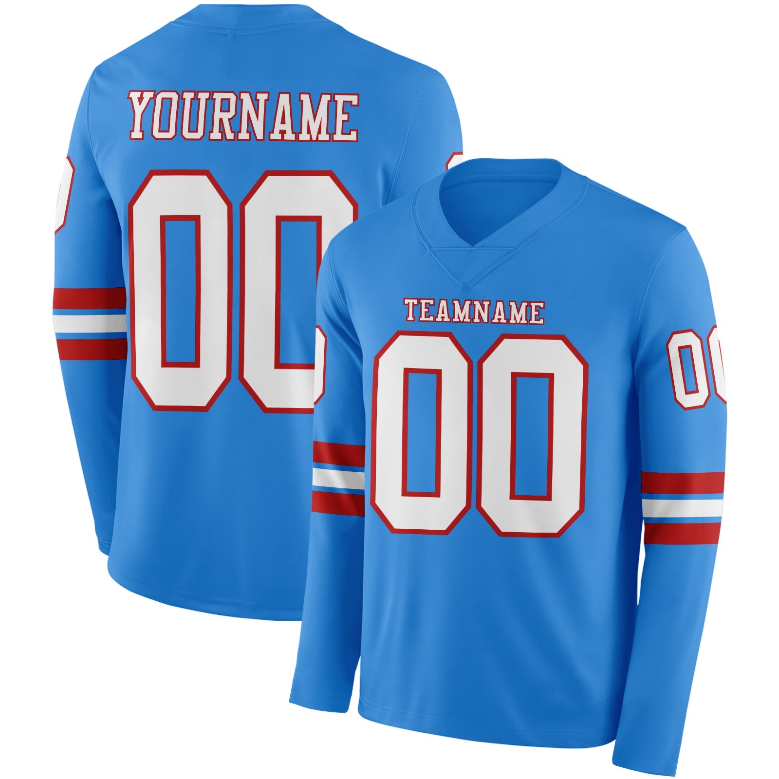 Custom Powder Blue White-Red Long Sleeve Authentic Football Jersey - Main View