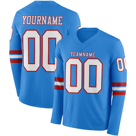 Custom Powder Blue White-Red Long Sleeve Authentic Football Jersey - Main View
