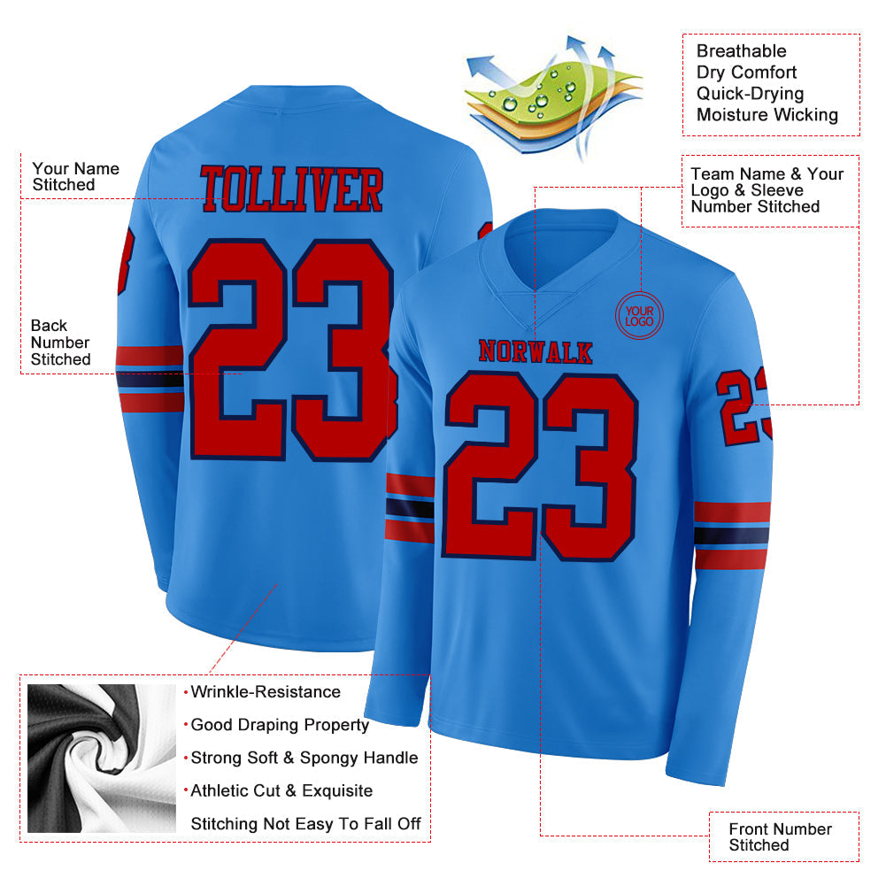 Custom Powder Blue Red-Navy Long Sleeve Authentic Football Jersey view 2