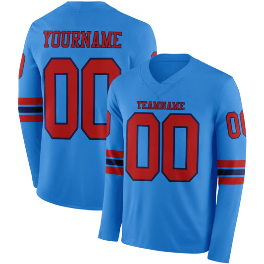 Custom Powder Blue Red-Navy Long Sleeve Authentic Football Jersey - Main View