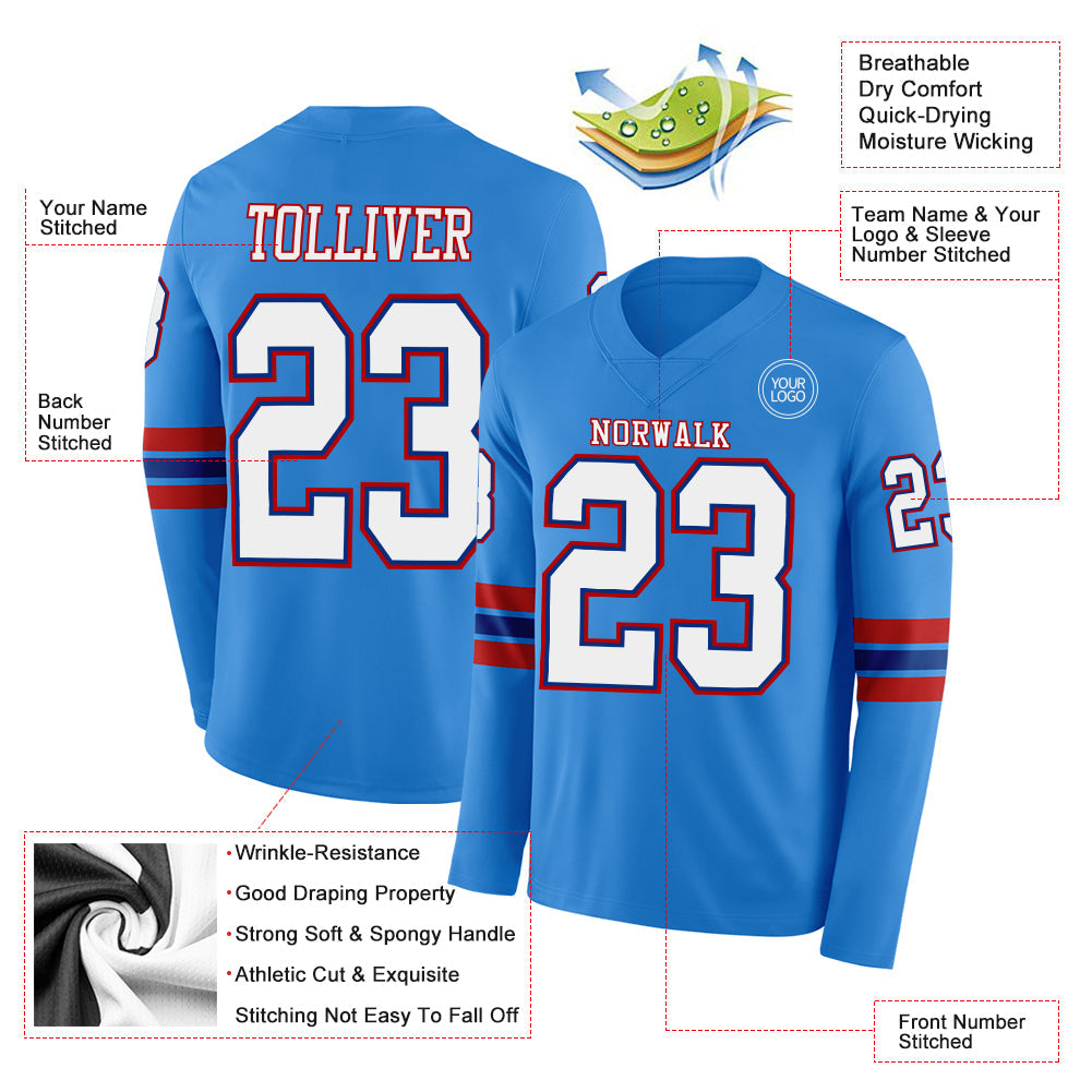 Custom Powder Blue White Royal-Red Long Sleeve Authentic Football Jersey view 2