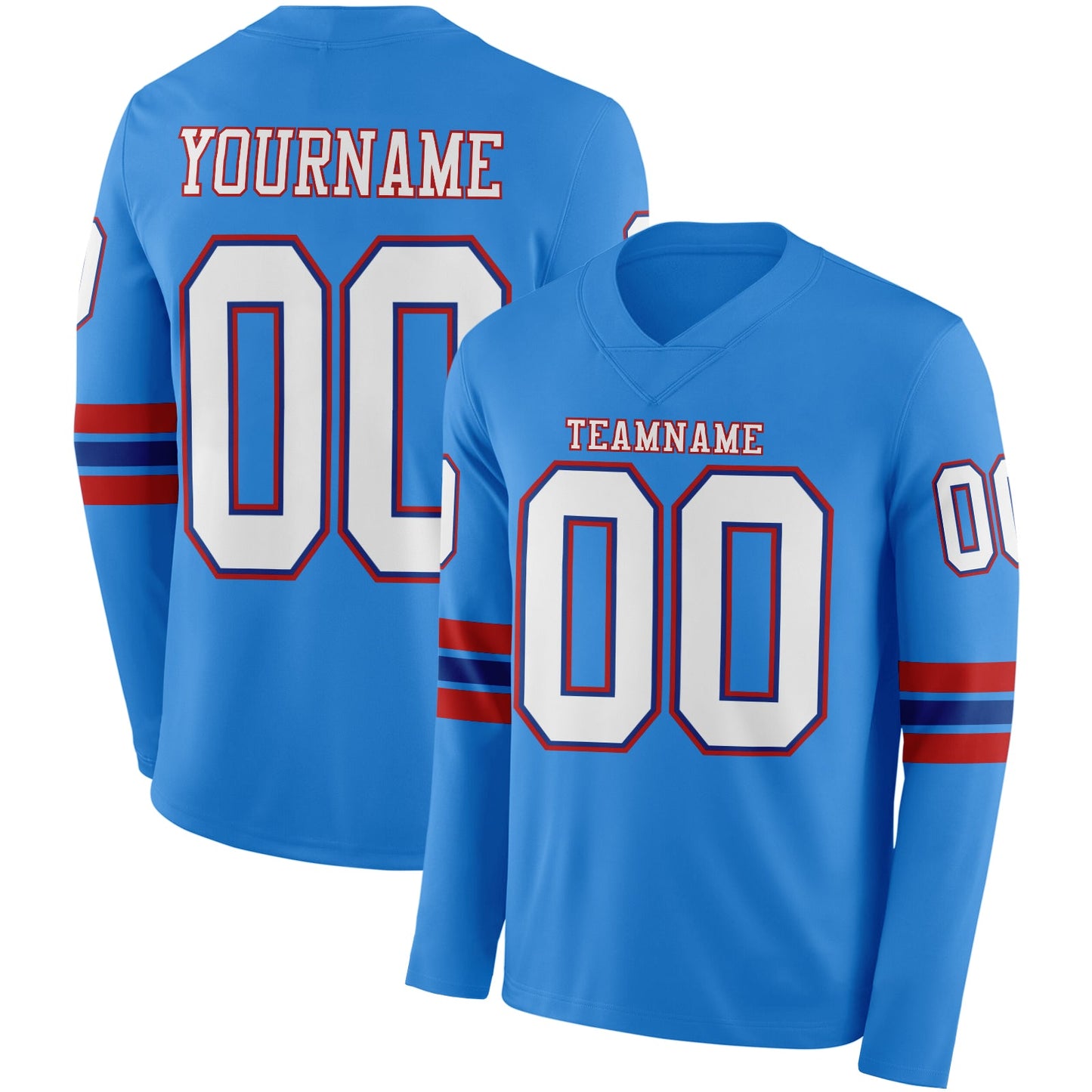 Custom Powder Blue White Royal-Red Long Sleeve Authentic Football Jersey - Main View