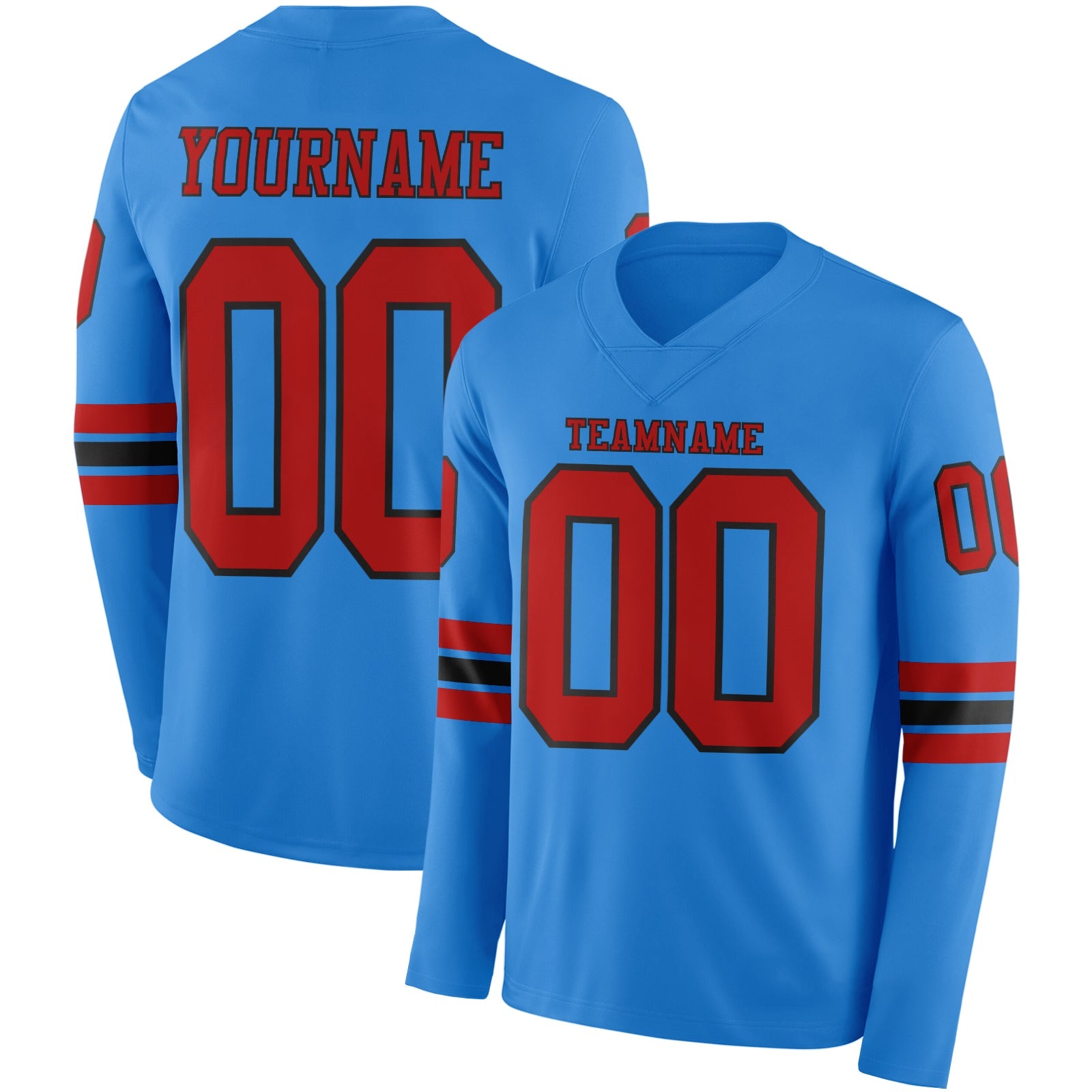 Custom Powder Blue Red-Black Long Sleeve Authentic Football Jersey - Main View