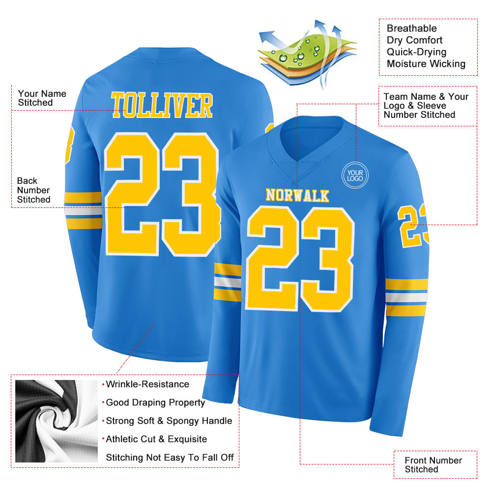 Custom Powder Blue Yellow-White Long Sleeve Authentic Football Jersey view 2