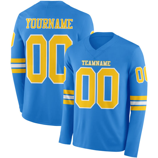 Custom Powder Blue Yellow-White Long Sleeve Authentic Football Jersey - Main View