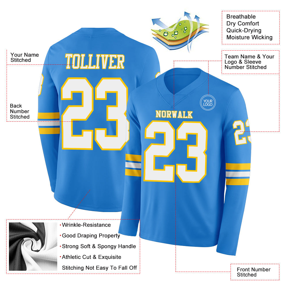 Custom Powder Blue White-Yellow Long Sleeve Authentic Football Jersey view 2