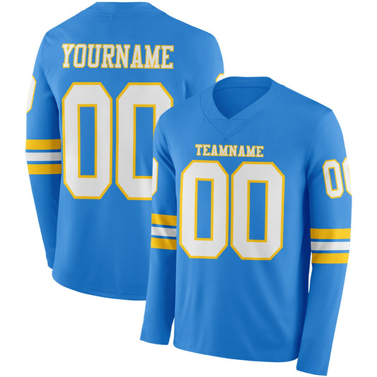 Custom Powder Blue White-Yellow Long Sleeve Authentic Football Jersey - Main View