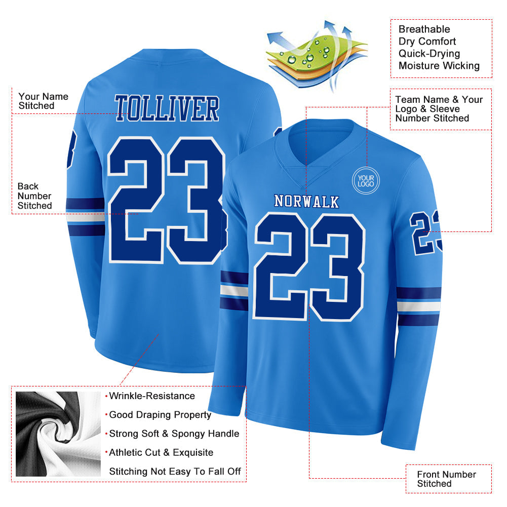 Custom Powder Blue Royal-White Long Sleeve Authentic Football Jersey view 2