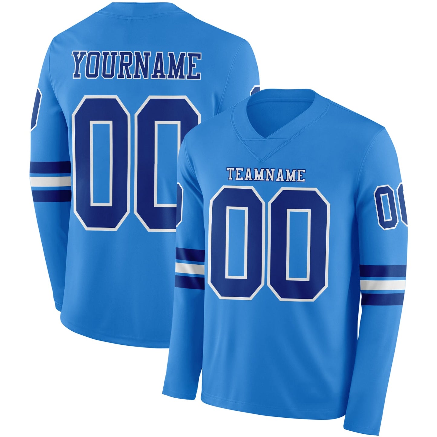 Custom Powder Blue Royal-White Long Sleeve Authentic Football Jersey - Main View